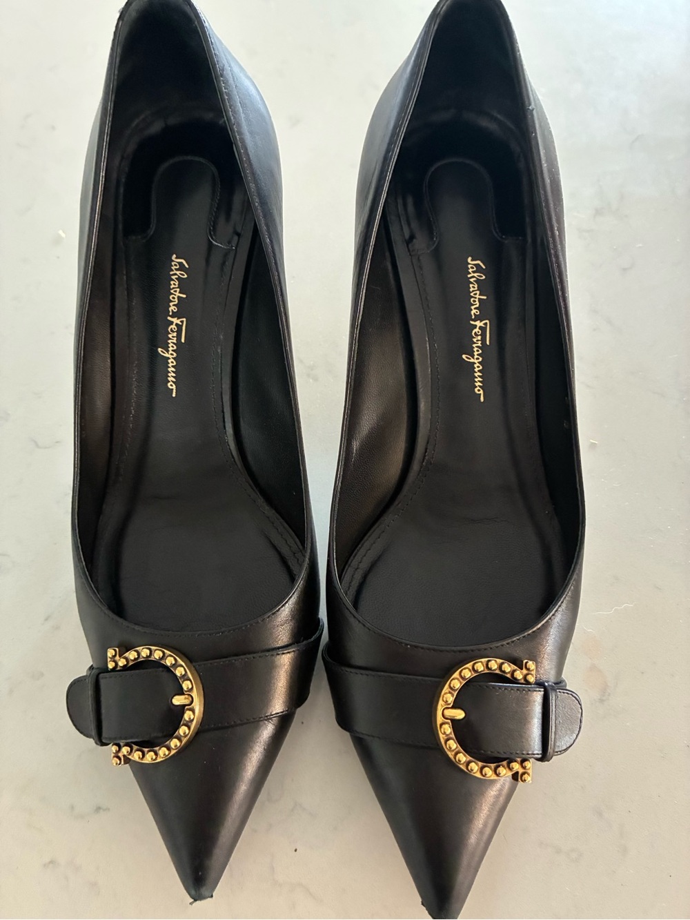 Salvatore Ferragamo Black Pointed Leather Pumps with Gold Studded Buckle